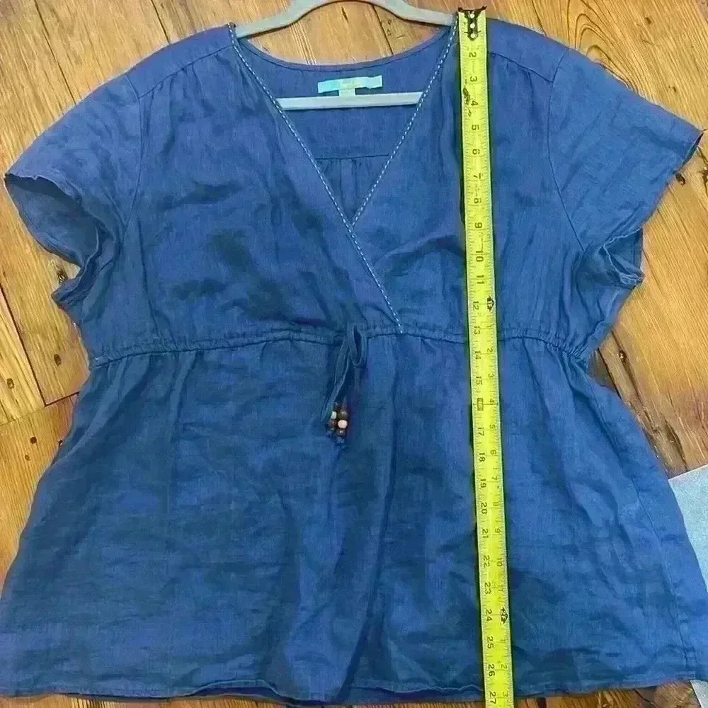 Boden Linen Blouse Crossover Bodice Empire Drawstring Waist Blue Top size 18 - Picture 8 of 8